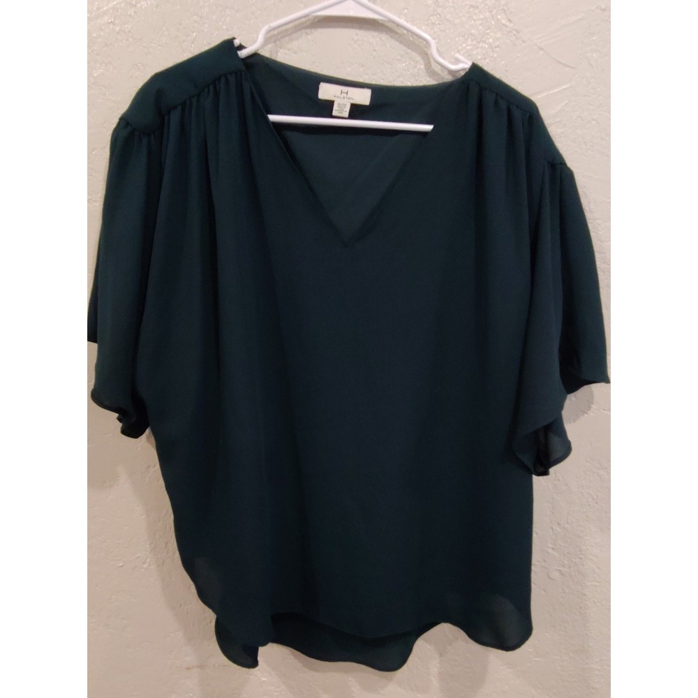 Halston Women Flutter Sleeve Blouse Top Shirt Dark Green Size XL Lined